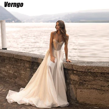 Verngo спагети презрамки сватбени рокли A-line без ръкави булчинска рокля кристал етаж дължина цип 2024 елегантна булчинска рокля