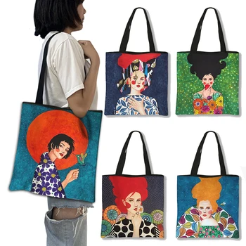 Арт живопис дама чанта жени мода рамо чанти пътуване чанти чанта свободно време за многократна употреба с висок капацитет пазарски чанти подарък