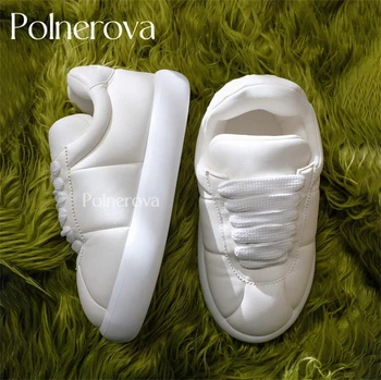 Дизайнер новост стил кожени обувки сладък дантела нагоре ежедневни обувки бели меки кожени кръгли пръсти комфорт луксозни маратонки за жени