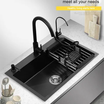 Кухненска мивка Черна нано-мивка Единична слот Домакински мивка за миене на ръце Кухня Голяма 304 мивка от неръждаема стомана Мивка Купа