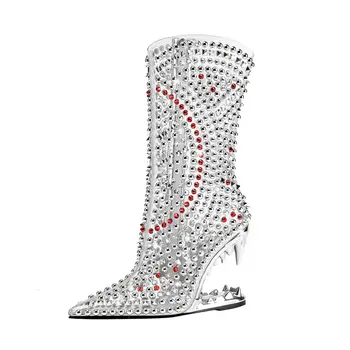 Мода прозрачен кристал страна Дамски ботуши клинове висок ток ботуши приплъзване на нитове Дамски ботуши обувки плюс размер 41 42 43