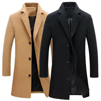 Нов мъжки ветровка мода есен зима случайни палто плюс размер тренч мъжки вълнени палта плътен цвят тренчкот мъже