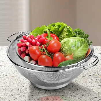 Кухненска кошница за източване Ефективна цедка за миене на ориз от неръждаема стомана с фина мрежа за миене на ориз с дръжка за филтриране