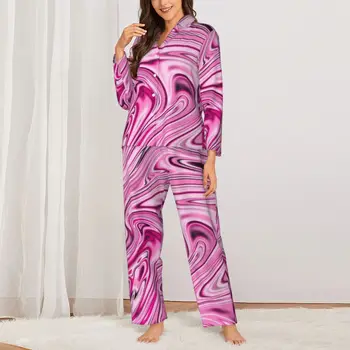 Течен мрамор пижама набор абстрактно изкуство печат прекрасен спално облекло жена дълъг ръкав реколта нощ две парче нощно облекло голям размер 2XL