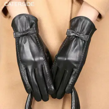 Зимни кожени дамски лъкови ръкавици мода студено доказателство топло плюшени водоустойчиви ветроупорен сензорен екран на открито колоездене ръкавици