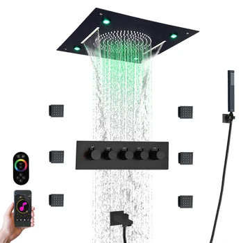 Термостатичен водопад дъжд вана & душ комплекти таван 16 инчов LED главата душ с музикален високоговорител матово черно