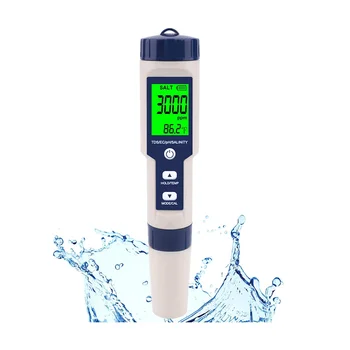  басейн сол тестер, цифров соленост метър, висока точност 5 в 1 соленост тестер за солена вода, IP67 водоустойчив тест комплект