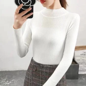 2024 Мода плътен цвят Поло жени есен зима плетени пуловери основен грунд пуловери корейски пуловер тънък годни пуловер