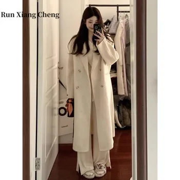 RUN XIANG CHENG вълнено палто жени средна дължина 2023 зимни луксозни и гъвкави двуреден плат стройна безплатна доставка