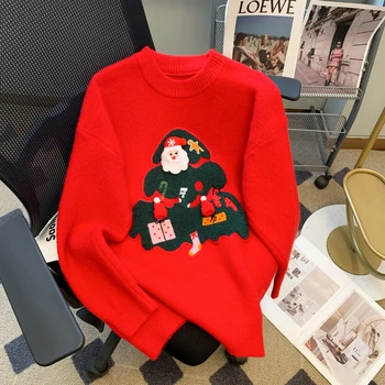 Дамски карикатура коледно дърво дълъг ръкав плетени пуловери зимна мода случайни женски кръг врата Дядо Коледа хлабав пуловер