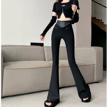 Дамски черни ежедневни панталони Улично облекло Панталони с висока талия с широк крак 2024 НОВА мода Y2K стил женски зимни прави панталони