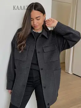 KAAAZI Реколта есен нов минимализъм случайни тенденция жените бутон палто завой-надолу яка дълъг ръкав мода женски облекло