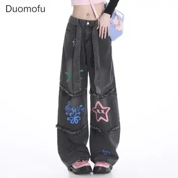 Duomofu тъмно сиво американска улична звезда графити хлабав жени дънки есен нова висока талия тънък мода случайни прости женски дънки