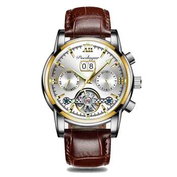Tourbillon луксозни мъже механични ръчни часовници естествена кожа автоматичен часовник аналогов седмица календар месец марка спортни мъжки часовници
