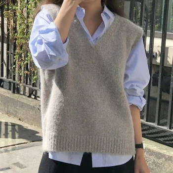 2023 Есен нов хлабав v-образно деколте пуловер без ръкави плетена жилетка жени плътен цвят пуловер жилетка