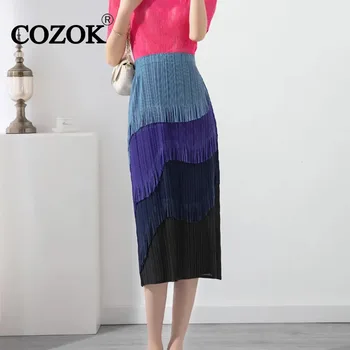 COZOK Елегантни жени плисирани пискюли поли контрастни цветове пачуърк висока еластична талия тънък 2024 нова мода женски WT126