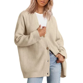 Дамски V-образно деколте твърд пуловер прост и универсален трикотажен износване плетени жилетки върхове европейски и американски стил 2023