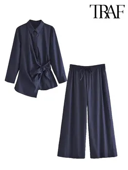 TRAF 2023 Жени 2 броя комплекти BowKnot риза върховете + висока талия широк крак дълги панталони есента причинно-следствена елегантен хлабав комплекти