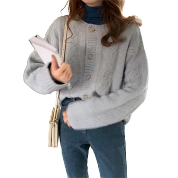 Дамски плетен къс пуловер топъл и удобен дълъг ръкав палто универсален