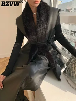 BZVW Черна дантела без ръкави Интегрирана кожена жилетка за яке Дамско облекло 2023 Зимно ново модно палто от висок клас 25X4243