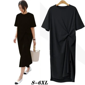 Корейска версия на сарафани за жени лято 2024 FAshion плюс размер ежедневни дамски рокли Нова тънка дълга тениска рокля
