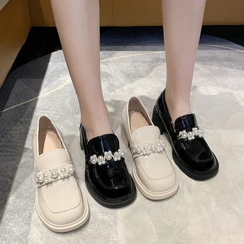 жени Мери Джейн обувки 2023 Нова мода Rhinestone Beaded блок петата обувки ретро квадратни пръсти приплъзване кожа британски стил мокасини