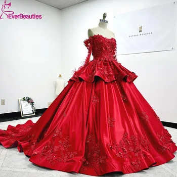 Сатенени апликации Бална рокля Quinceanera рокли Бордо дълъг ръкав Vestidos de 15 Quinceañera Sweet 16 рокля за юноши