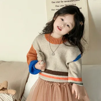 Пуловер за момичета Модерен нов есенен/зимен бебешки пуловер Корейски детски плетен цветен пуловер с кръгло деколте