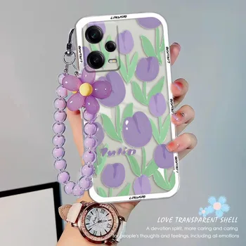 Flower Pink Purple Rainbow Girl Bow 3D калъф за Realme C30 C30s C33 C55 C53 C51 C35 Love Heart Hang Chain Clear Tpu Телефон Cover