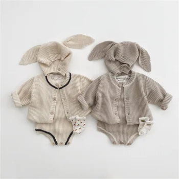 Новородено бебе момиче плетени дрехи Великденско зайче боди костюми твърди заек ухо шапка малко дете бебе ританки Playsuits