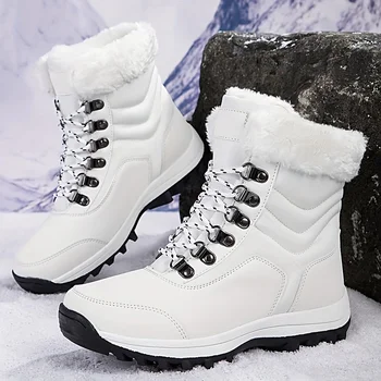 Дамски неплъзгащи се и устойчиви на износване удебелени топли ботуши за сняг на открито, удобни плътни цветни високи топ туристически обувки