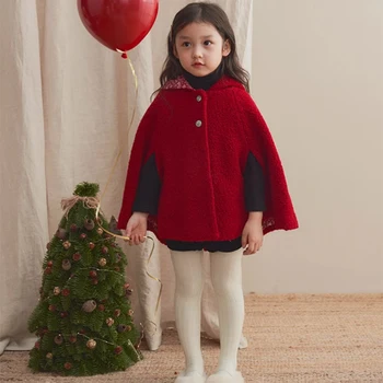 2024 Коледа момиче зимни палта Hoodied вълнени якета за деца бебе момиче червено качулка наметало деца реколта външни дрехи