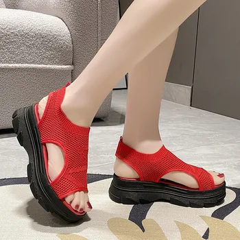 Летни мрежести сандали обувки жени апартаменти платформа отворени пръсти рокля обувки 2024 дизайнер нов прашка ретро Рим обувки Femme Zapatos