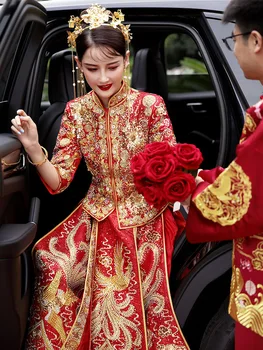 Булка Дракон Феникс бродерия Кристал Qipao китайски традиционна сватба дълго Cheongsam реколта китайская одежда