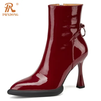 PRXDONG обувки от естествена кожа 2023 Нова мода есен зима топло глезена ботуши високи токчета платформа черно вино червена рокля офис 39