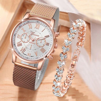 2PCS/Set Женева жени часовници кристал гривна комплект мода пластмасова лента дами кварцов ръчен часовник (без кутия)
