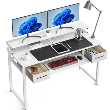 Study Desk Work Desk with Monitor Shelf, Writing Desk with Storage for Home Office, White