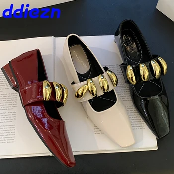 Женски метални обувки плоски мери джейнс жени обувки Лолита нови 2024 луксозни модни плитки дамски апартаменти с танцови обувки