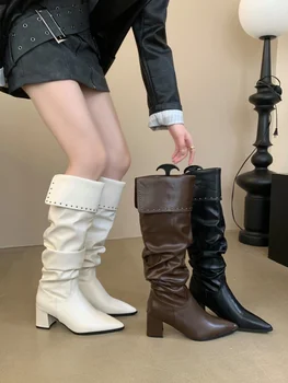 Дамски ботуши над коляното есенни обувки луксозен дизайнер цип кръг пръсти зимни обувки над коляното мода ниски дами остър секс