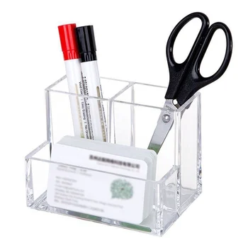 Прост прозрачен държач за писалка Акрилни 3-решетка канцеларски молив визитка съхранение десктоп организация грим четка притежателя