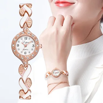 Луксозни диамантени часовници от розово злато за жени Мода Изящни метални дами кварцов ръчен часовник Елегантна дамска гривна Reloj Mujer