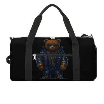 Фитнес чанта Cool плюшено мече спортна чанта голяма мечка със слънчеви очила двойка уикенд отпечатани чанта сладък багаж фитнес чанта