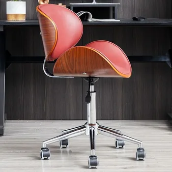 Компютърен стол Удобна домашна употреба Скандинавска масивна дървесина Офис среща Кожен стол за отдих Извити дървени столове Модерен минималистичен