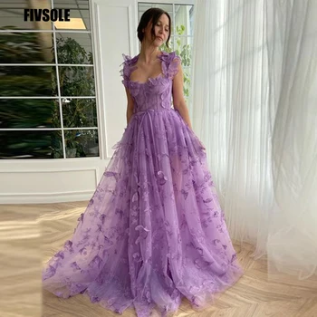Fivsole Purple Tulle Prom Dress Luxury Lace Slit A-line Evening Gowns Spaghetti Straps Party Dress Vestidos de Ocasión Formales
