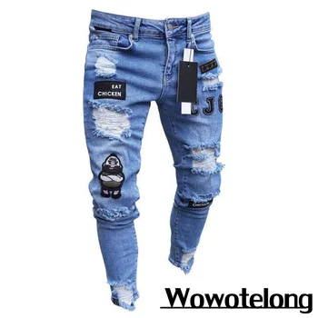 Мъжки дънки коляното дупка изтръгнат участък кльощава дънкови панталони плътен цвят черно синьо есен лято хип-хоп стил тънък годни панталони S-4XL