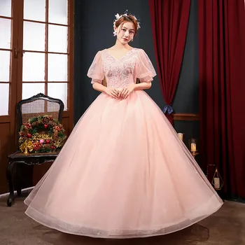 Сладка принцеса Quinceanera рокли розов тюл Simple Vestido де дебютантка нов къс ръкав подпухнали етаж дължина Sukienka Balowa