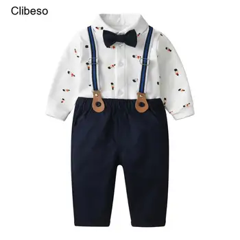 2024 Clibeso Kids Boy Първи рожден ден Cosumes деца корейска мода карикатура мечка отпечатани риза с Bowknot + Suspender панталони