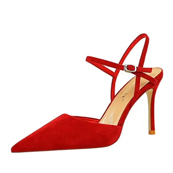 34-40 Тънък ток висок ток заострени кухи секси червени сватбени обувки за жени летни сандали