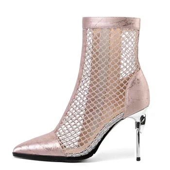 Секси дантела окото ботуши жени високи токчета глезена ботуши за жени мода злато сребърни обувки женски заострени пръсти летни ботуши обувки