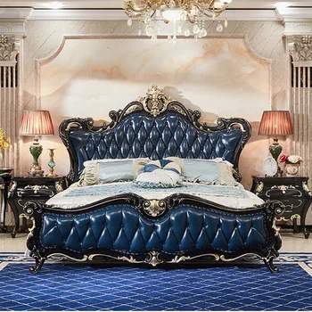 ProCARE европейски стил естествена кожа голям масивно легло ретро вила мебели луксозно масивно легло